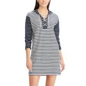 Chaps Womens Striped Hooded Long Sleeve Lace-Up Shift Dress Blue White Small NWT
